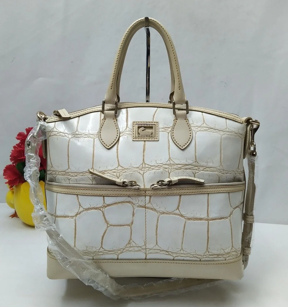 Dooney & Bourke Off White Leather Crocodile Embossed Top Handle Satchel Bag